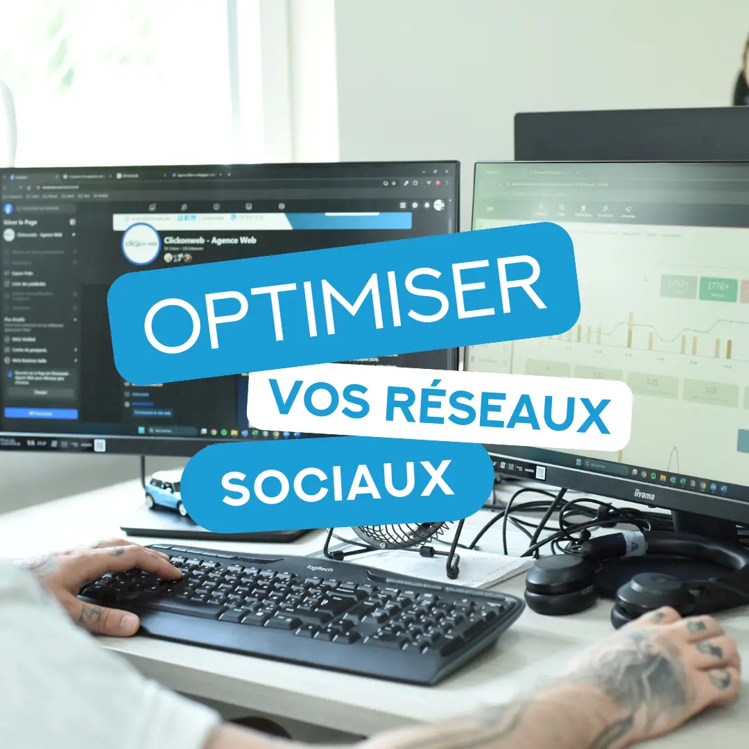 Photo du feed instagram de Click on web avec une image du bureau de brice (community manager) avec un texte ecrit "optimiser vos réseaux sociaux"